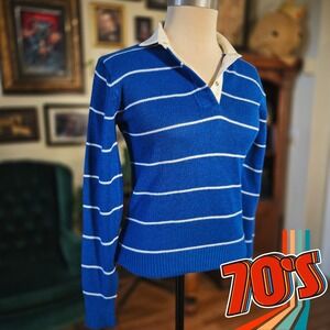 Andrew St John Blue Sweater Vintage 70s Knit Polo Striped Preppy Pullover S